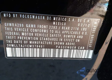 2012 Volkswagen Jetta 2.0L Tdi from USA, damaged, VIN 3VWLL7AJ1CM378461